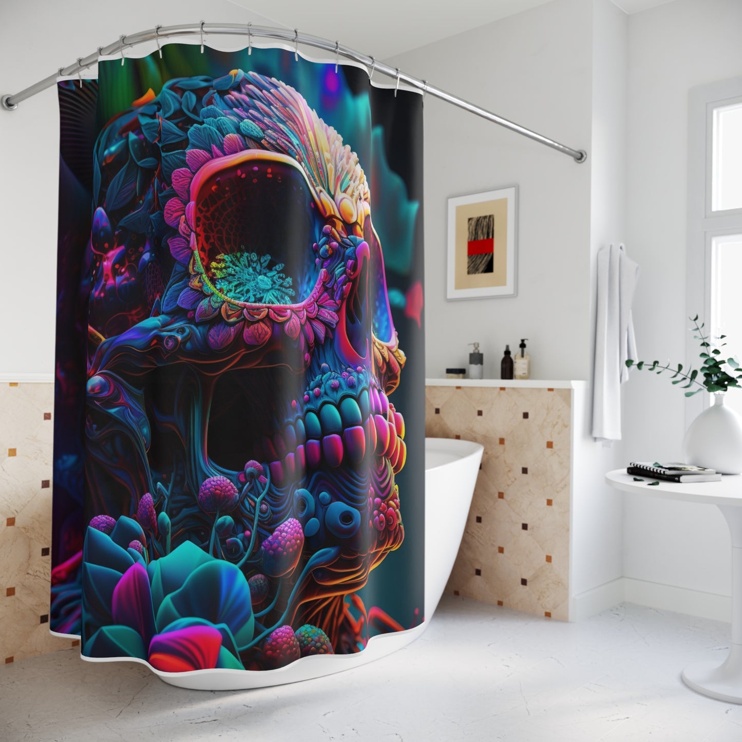 Polyester Shower Curtain Florescent Skull Death 3