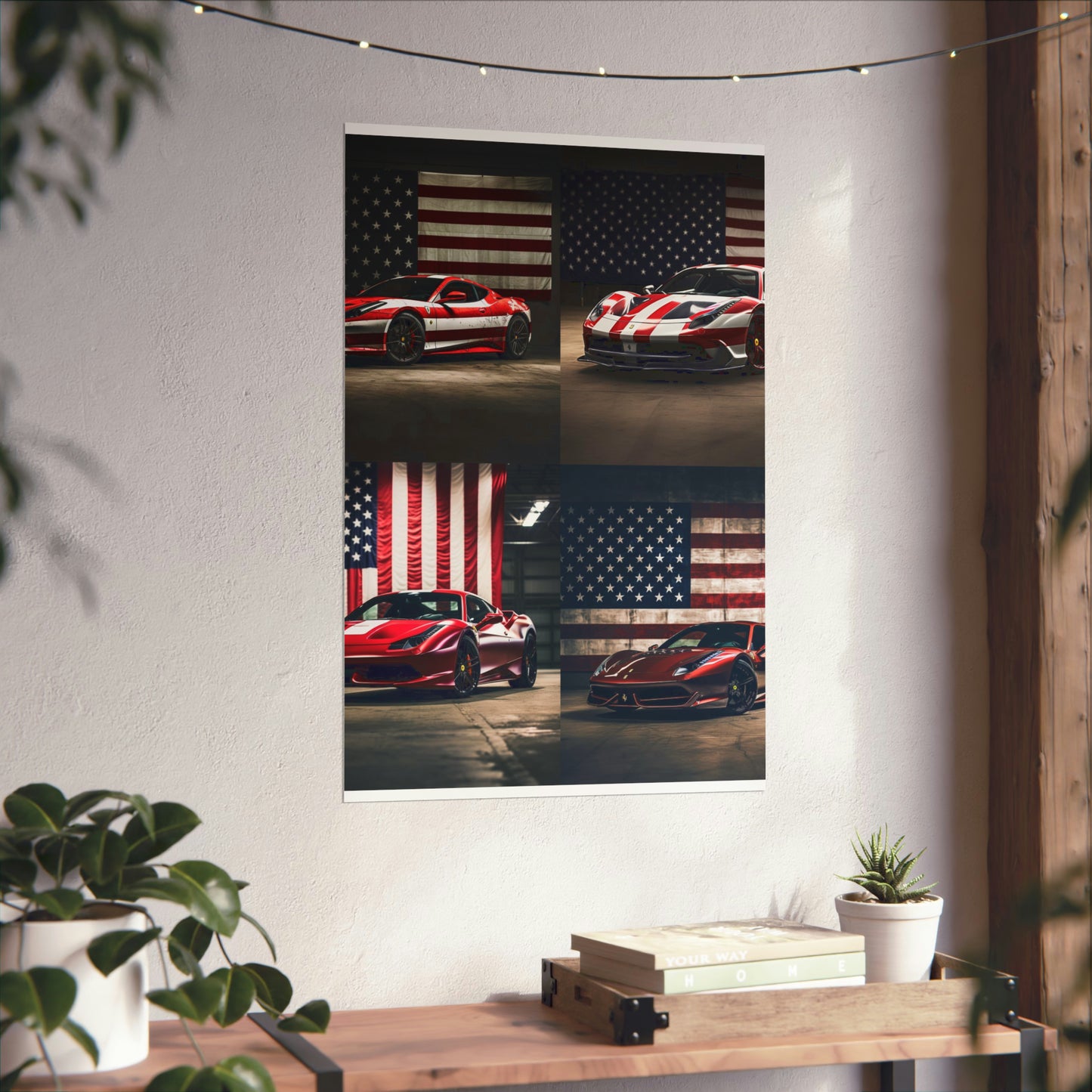 Premium Matte Vertical Posters American Flag Background Ferrari 5