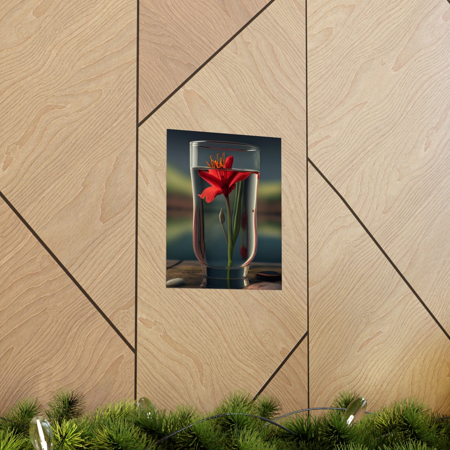 Premium Matte Vertical Posters Red Lily in a Glass vase 1