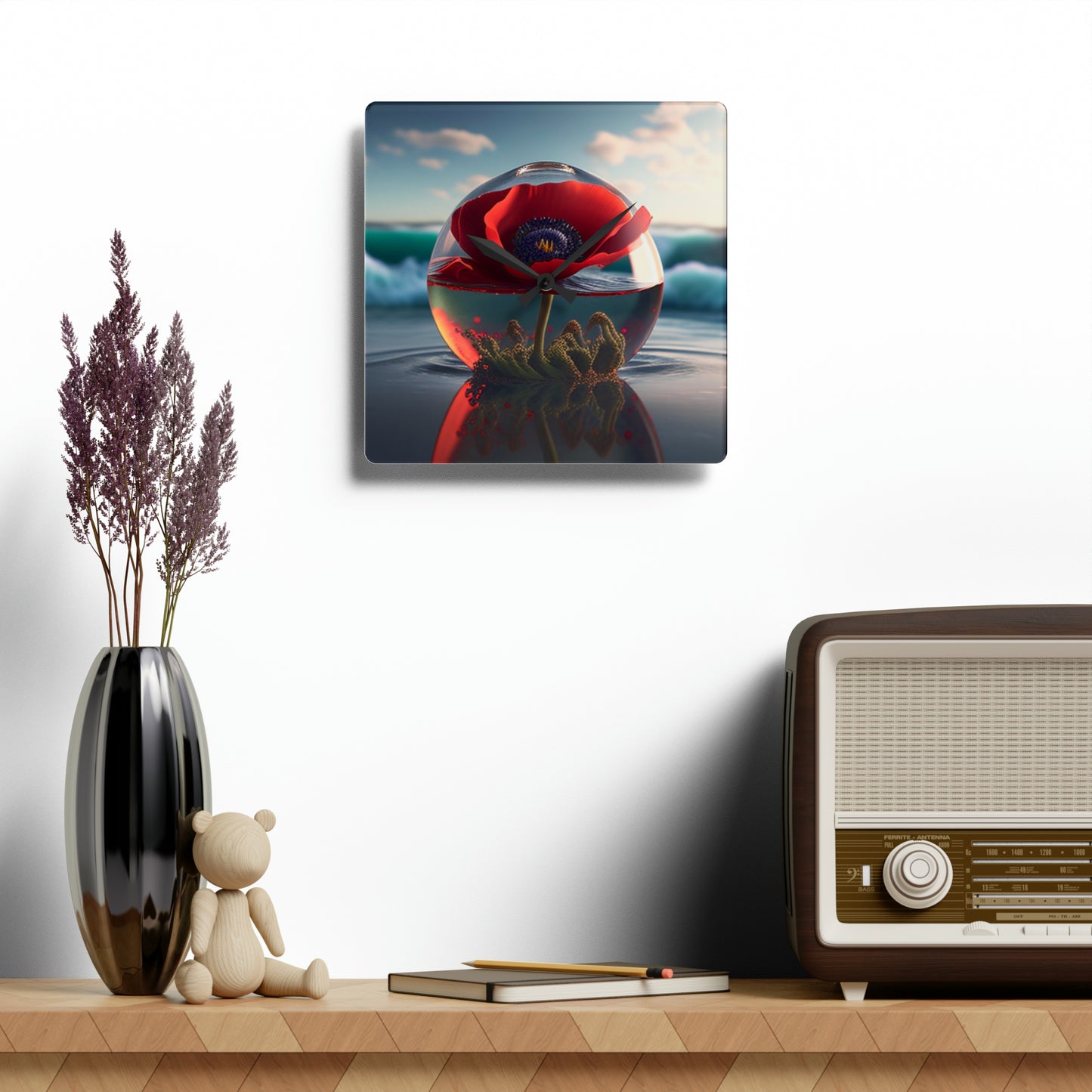 Acrylic Wall Clock Red Anemone in a Vase 4