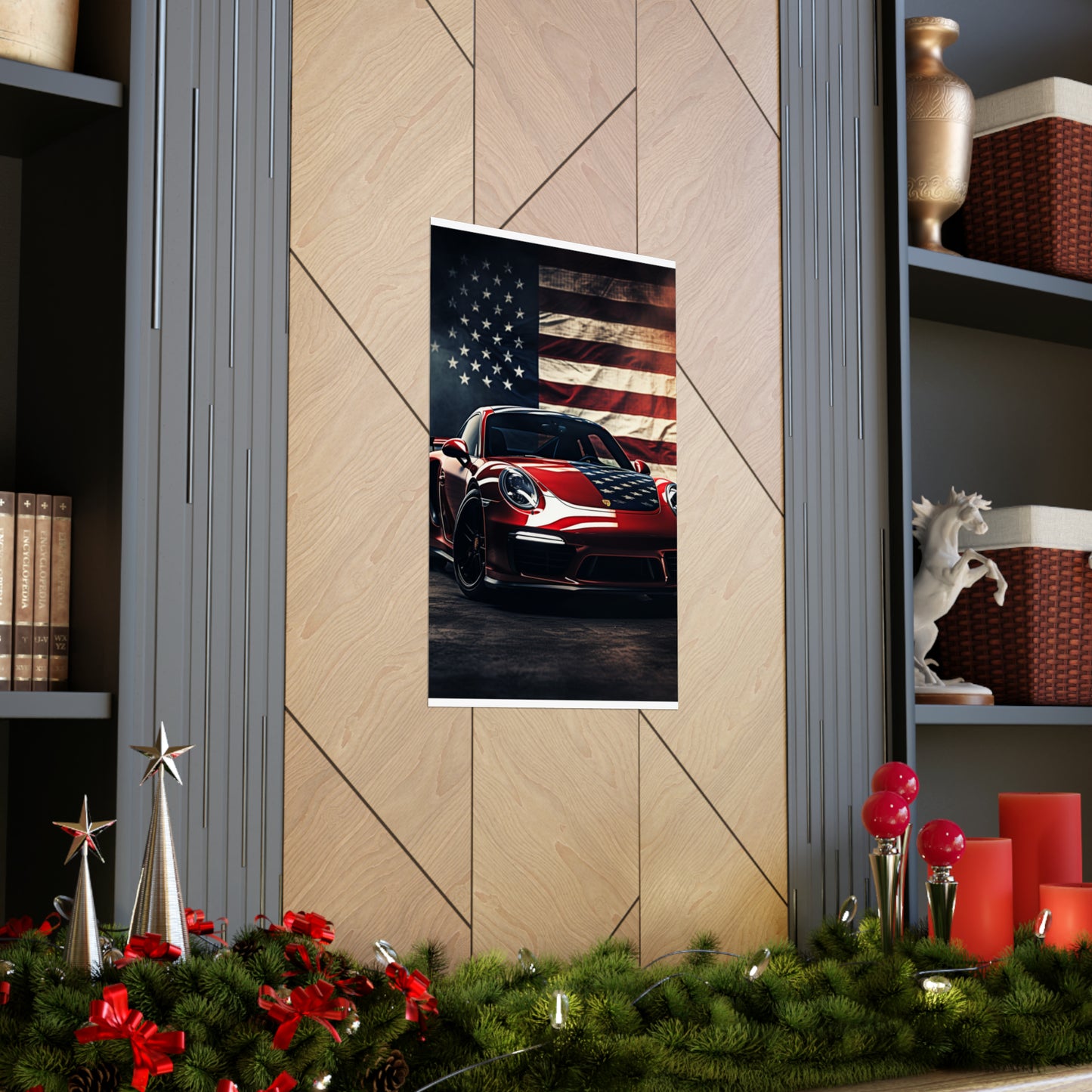 Premium Matte Vertical Posters American Flag Background Porsche 2