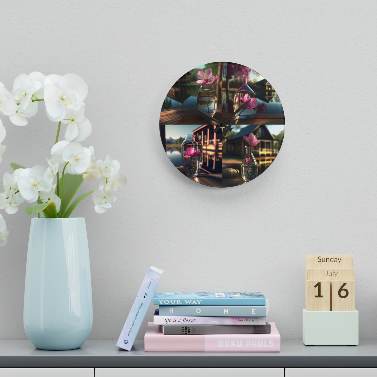 Acrylic Wall Clock Magnolia in a Glass vase 5