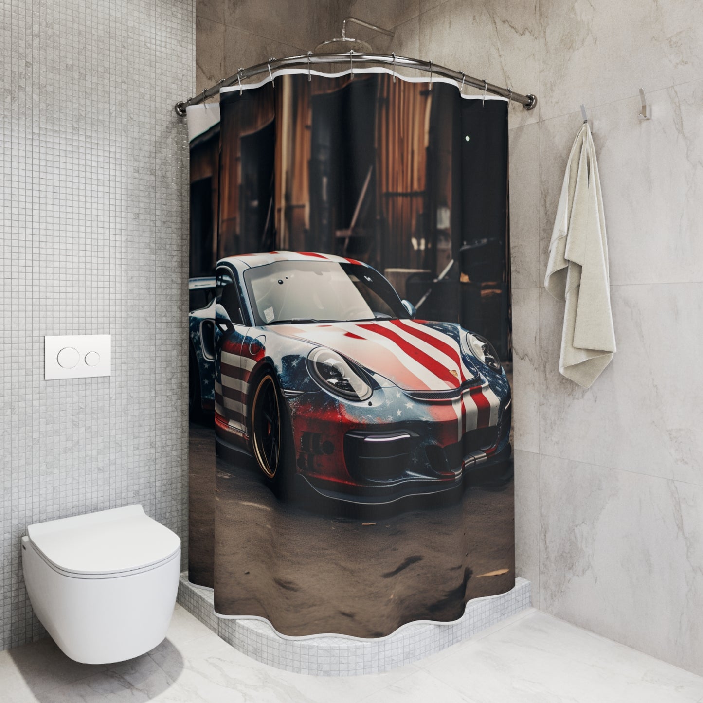 Polyester Shower Curtain American Flag Porsche 3