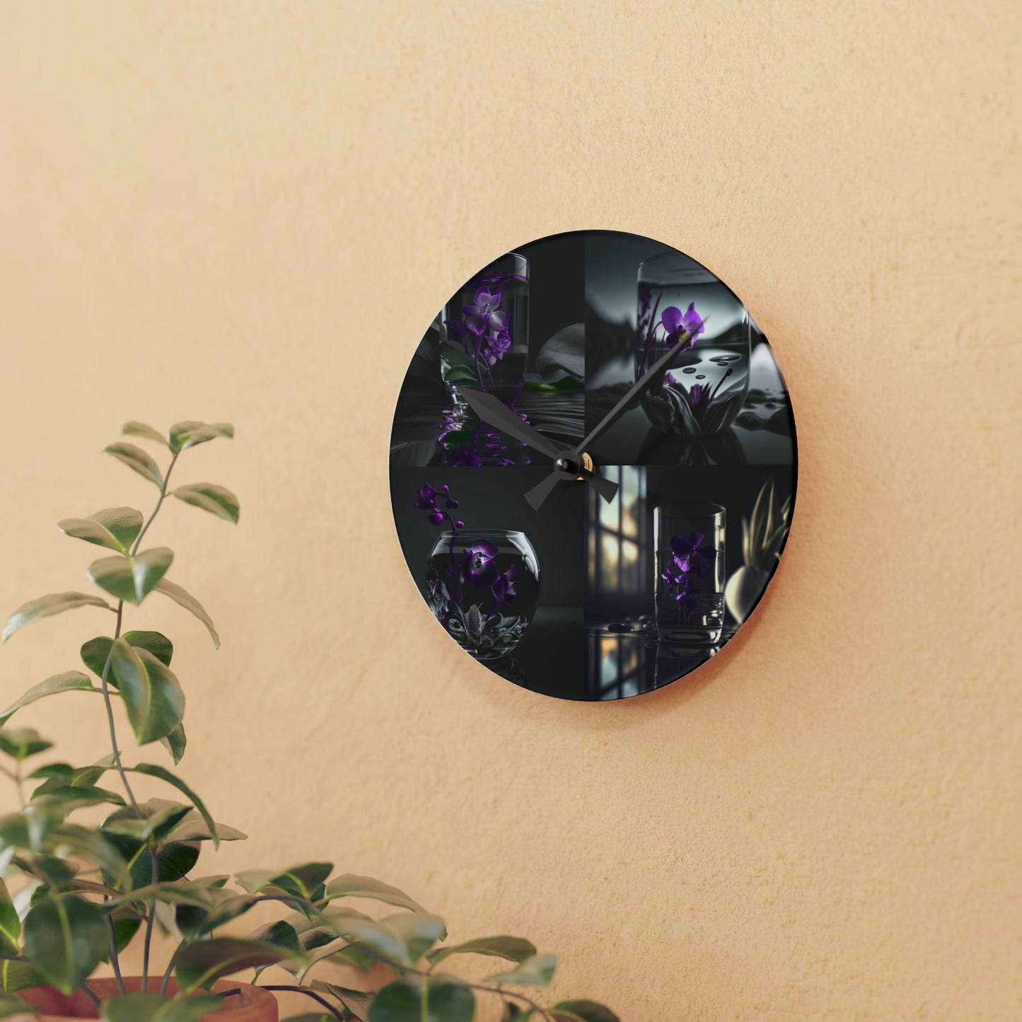 Acrylic Wall Clock Purple Orchid Glass vase 5