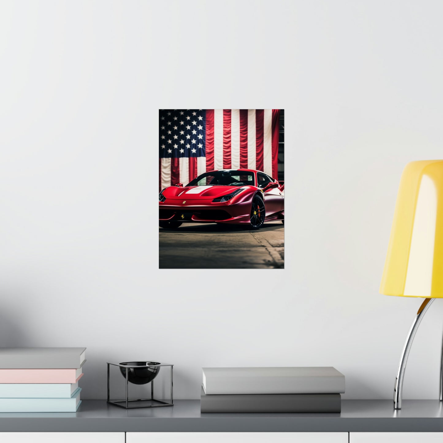 Premium Matte Vertical Posters American Flag Background Ferrari 3