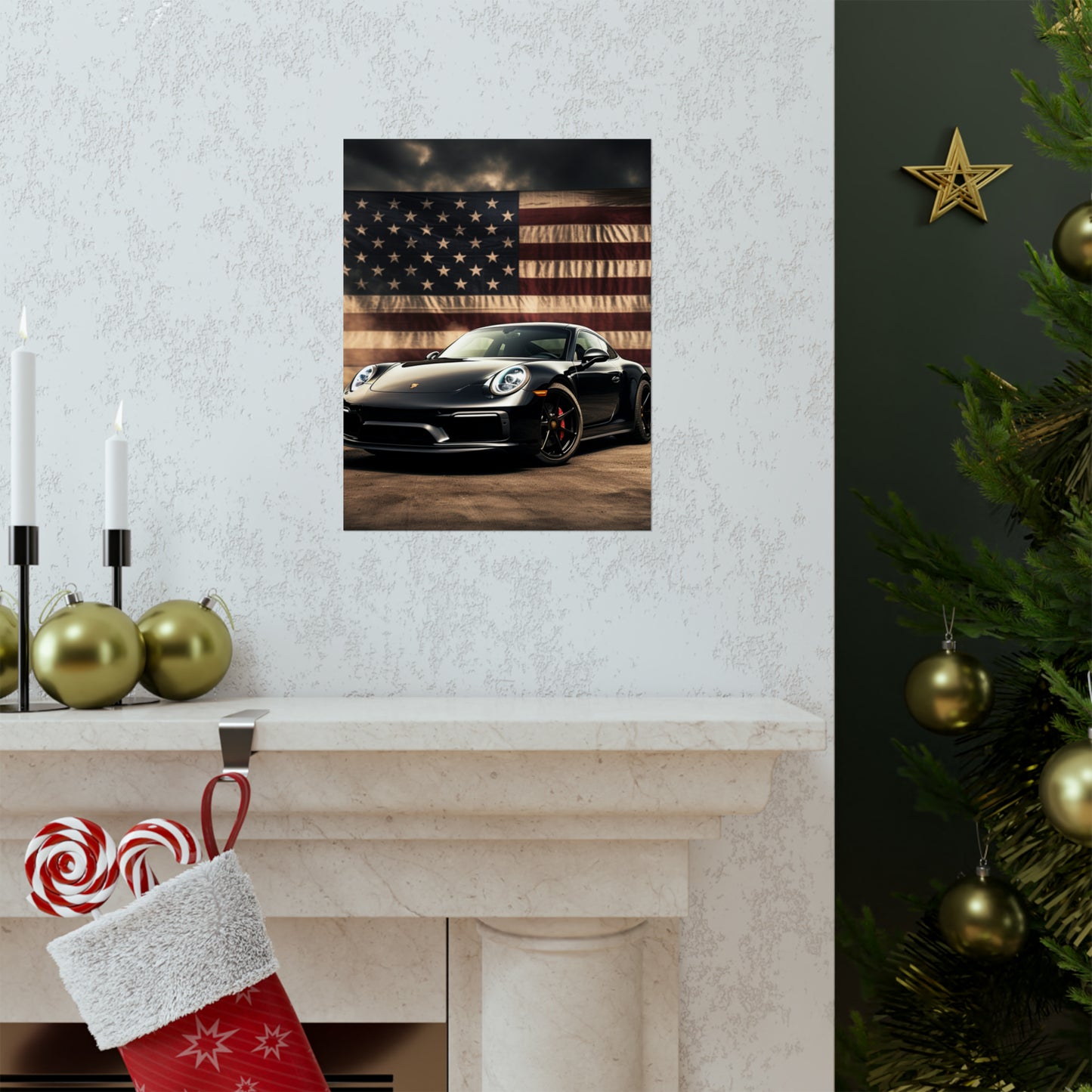 Premium Matte Vertical Posters American Flag Background Porsche 4