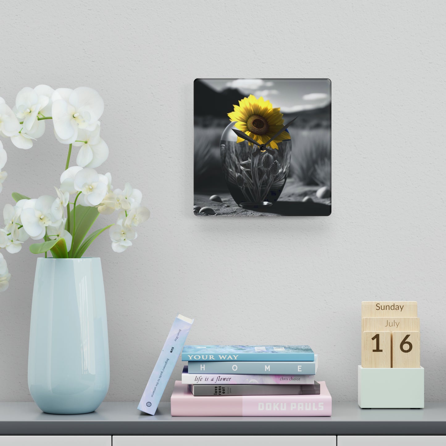 Acrylic Wall Clock Yellw Sunflower in a vase 3