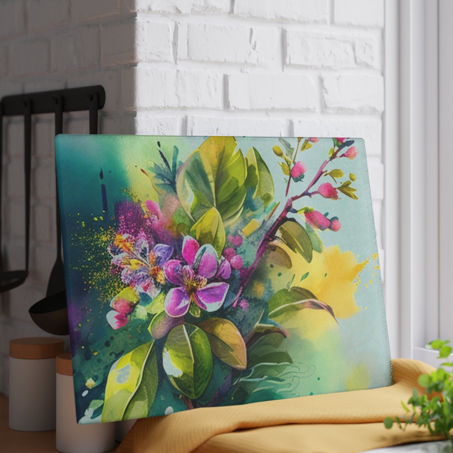Glass Cutting Board Mother Nature Bright Spring Colors Realistic Watercolor 1