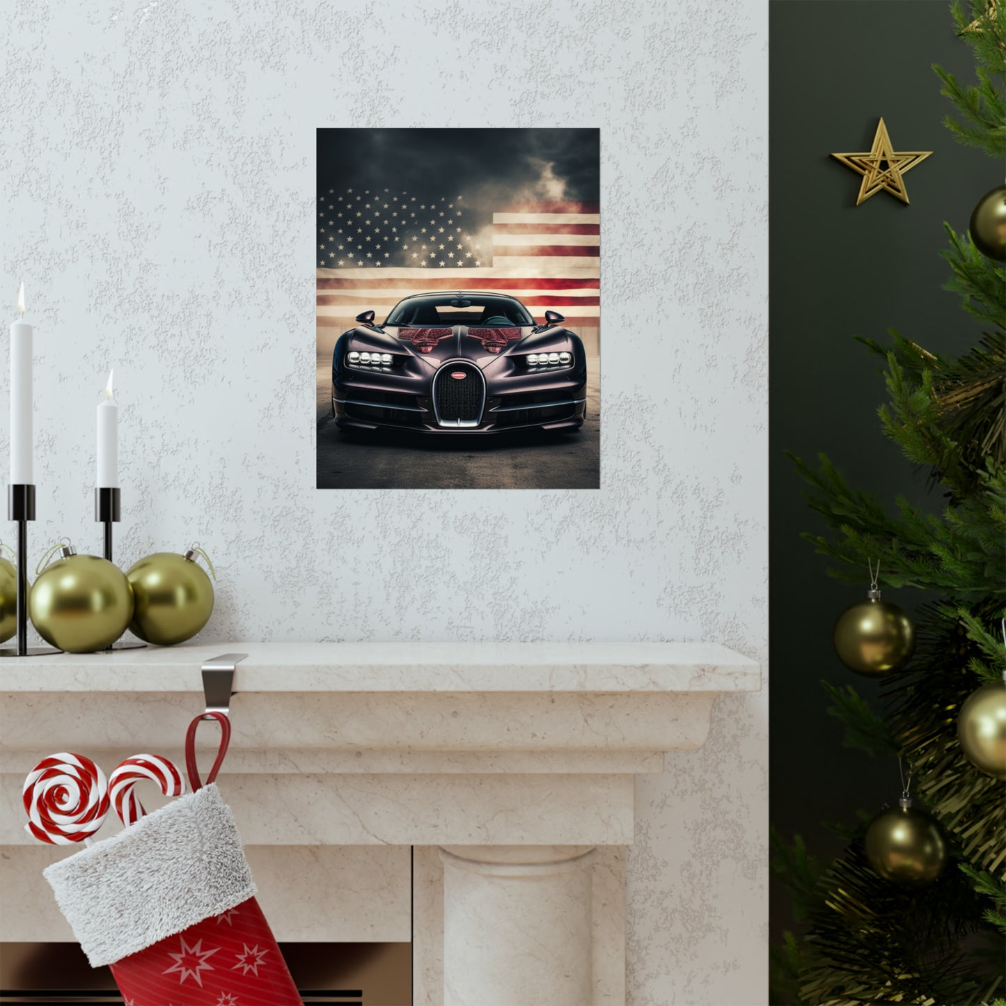 Premium Matte Vertical Posters American Flag Background Bugatti 2