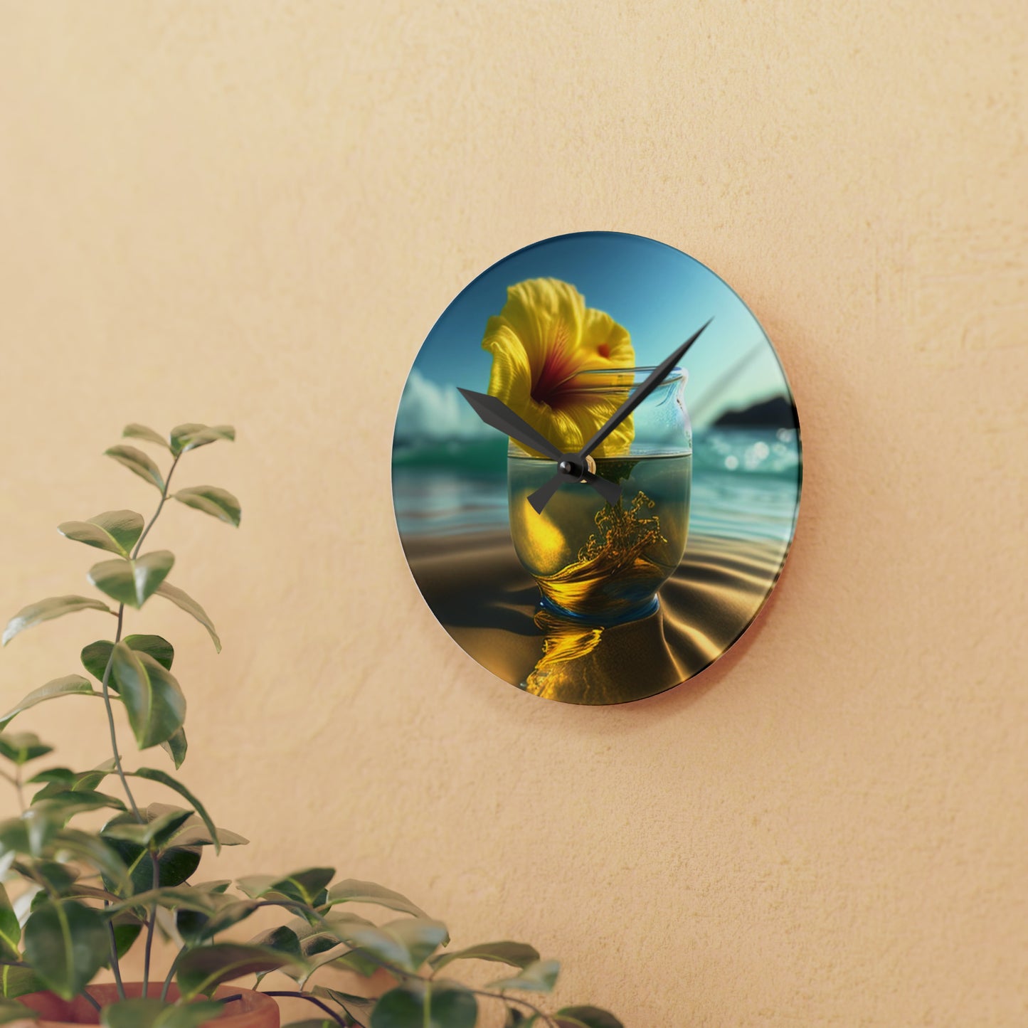 Acrylic Wall Clock Yellow Hibiscus glass 1