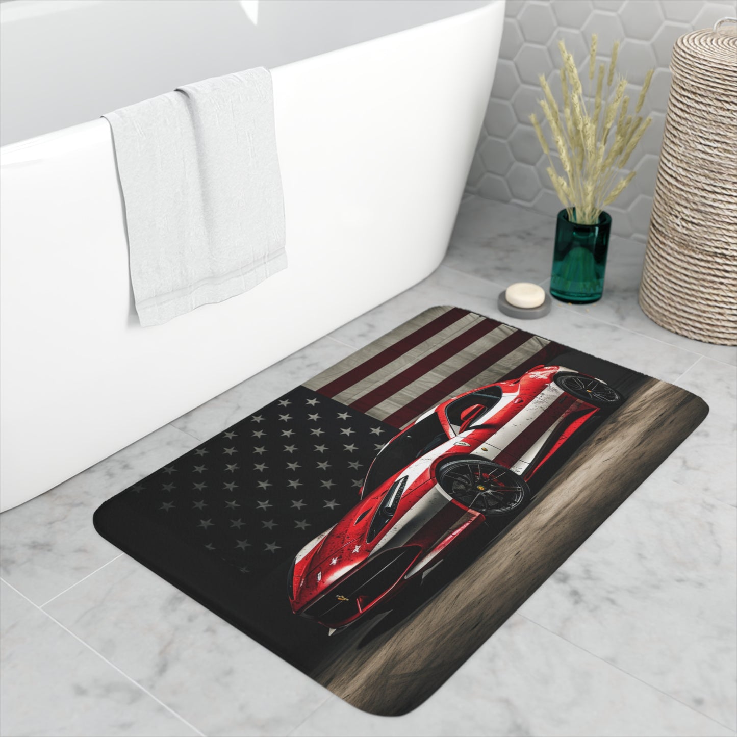 Memory Foam Bath Mat American Flag Background Ferrari 1