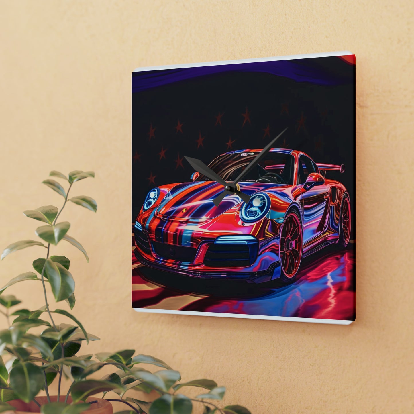 Acrylic Wall Clock American Flag Colored Porsche 1