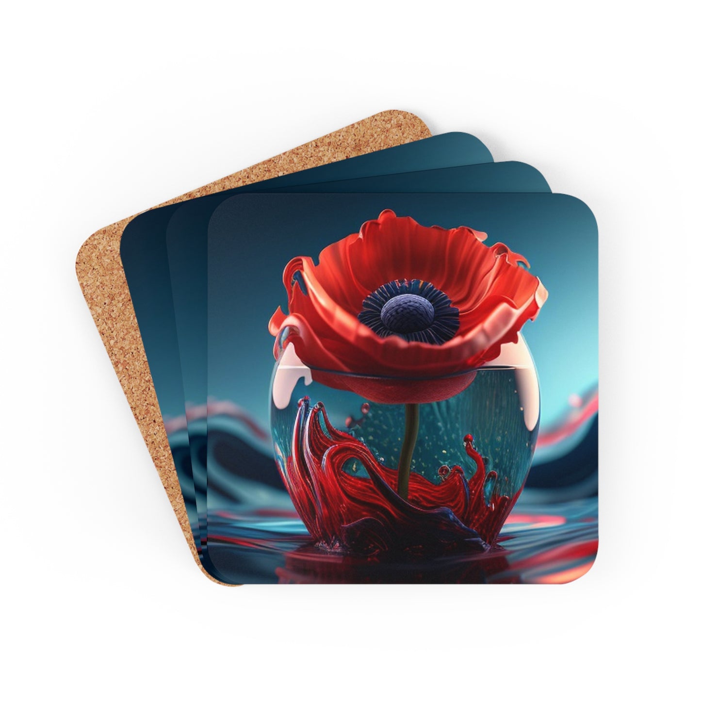 Corkwood Coaster Set Red Anemone in a Vase 2