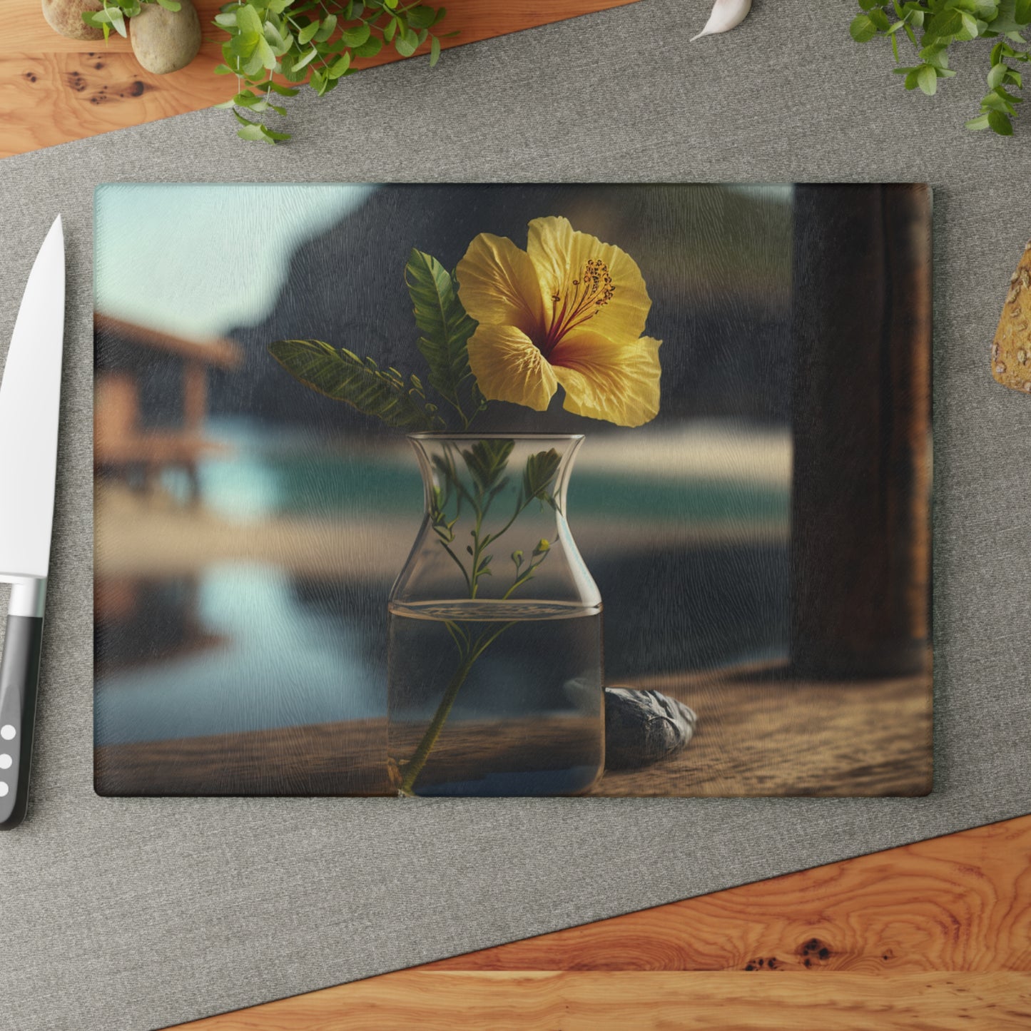 Glass Cutting Board Yellow Hibiscus Wood 4