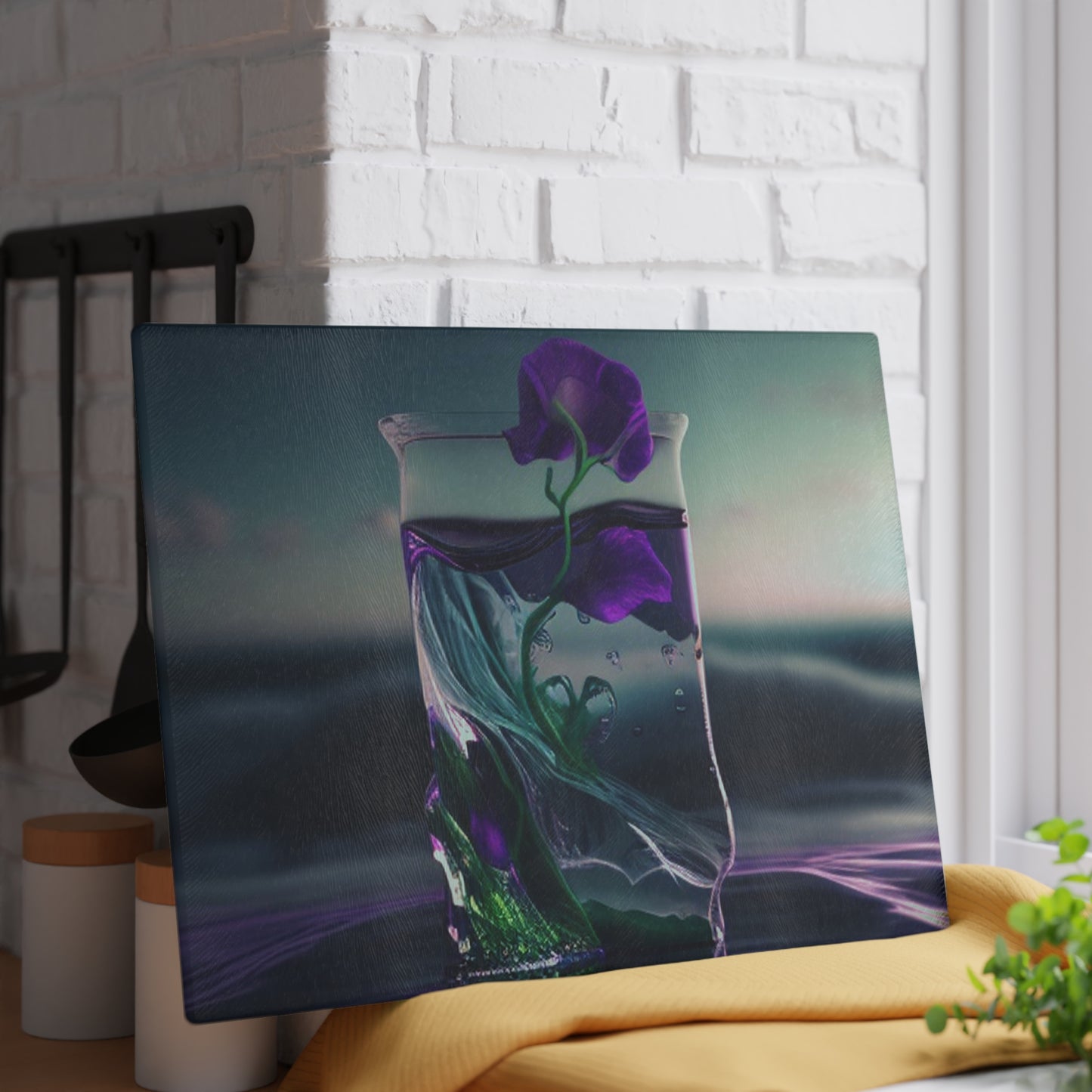 Glass Cutting Board Purple Sweet pea in a vase 3