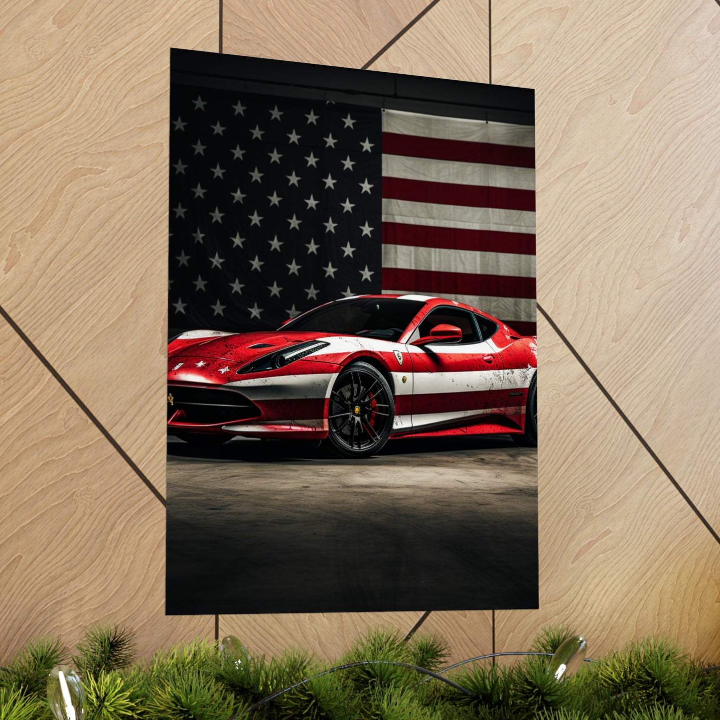 Premium Matte Vertical Posters American Flag Background Ferrari 1