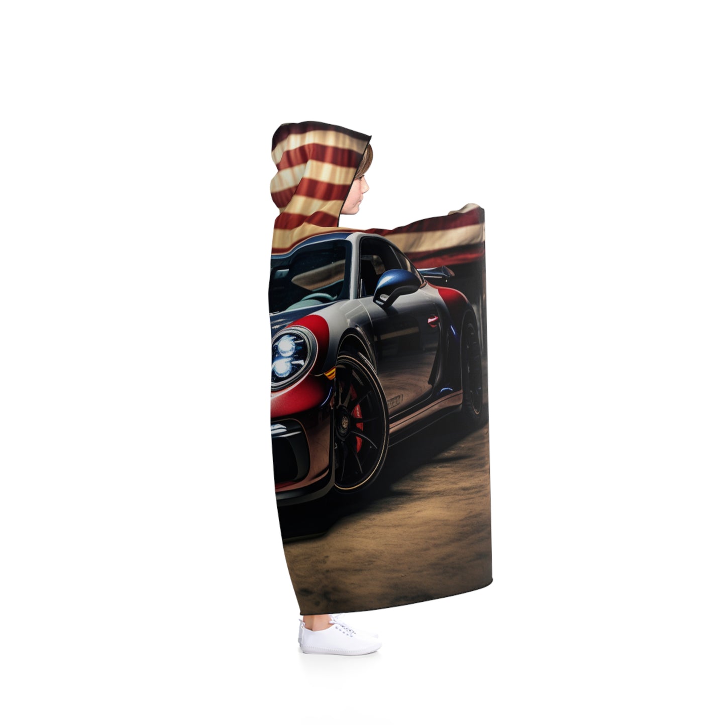 Hooded Blanket American Flag Background Porsche 1