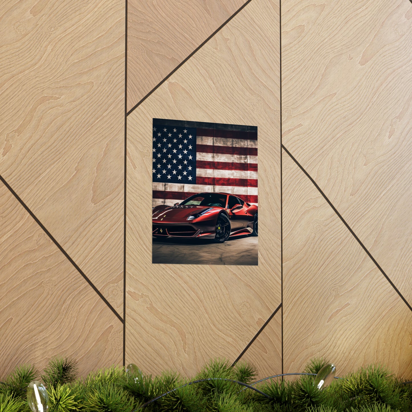 Premium Matte Vertical Posters American Flag Background Ferrari 4