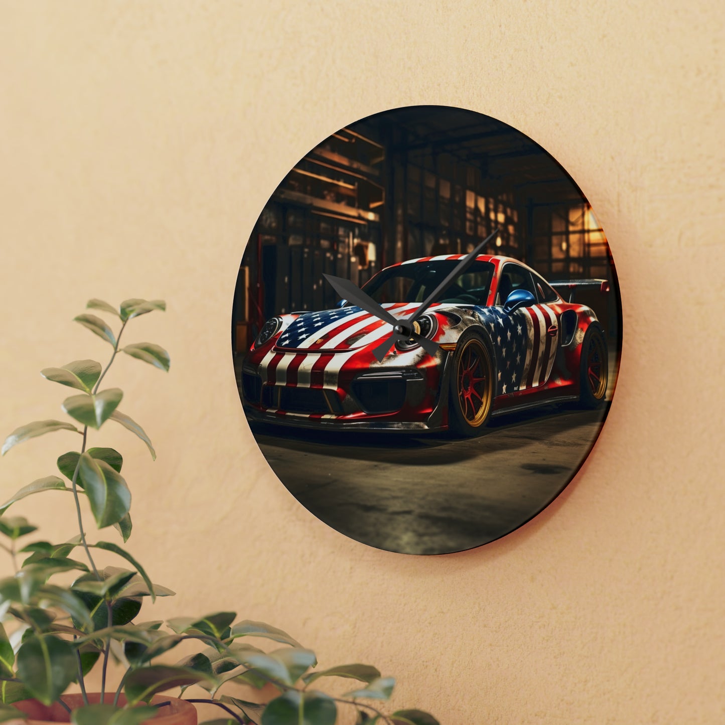 Acrylic Wall Clock American Flag Porsche 4