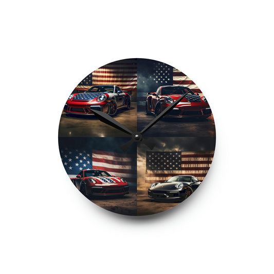 Acrylic Wall Clock American Flag Background Porsche 5