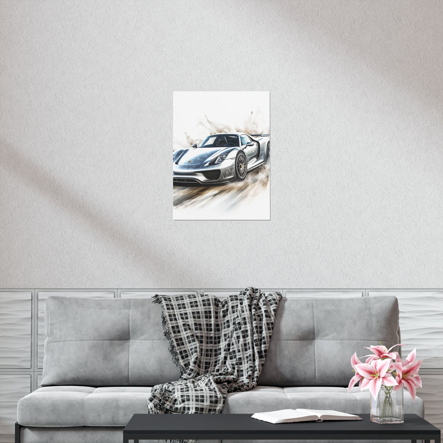 Premium Matte Vertical Posters 918 Spyder white background driving fast with water splashing 2