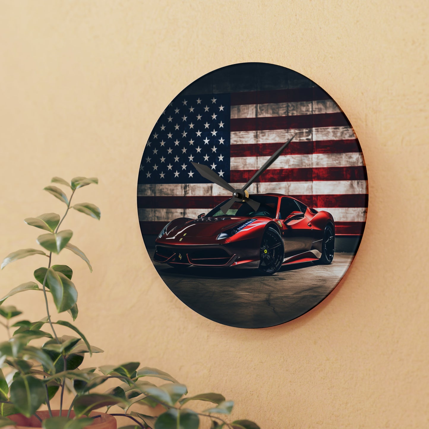 Acrylic Wall Clock American Flag Background Ferrari 4