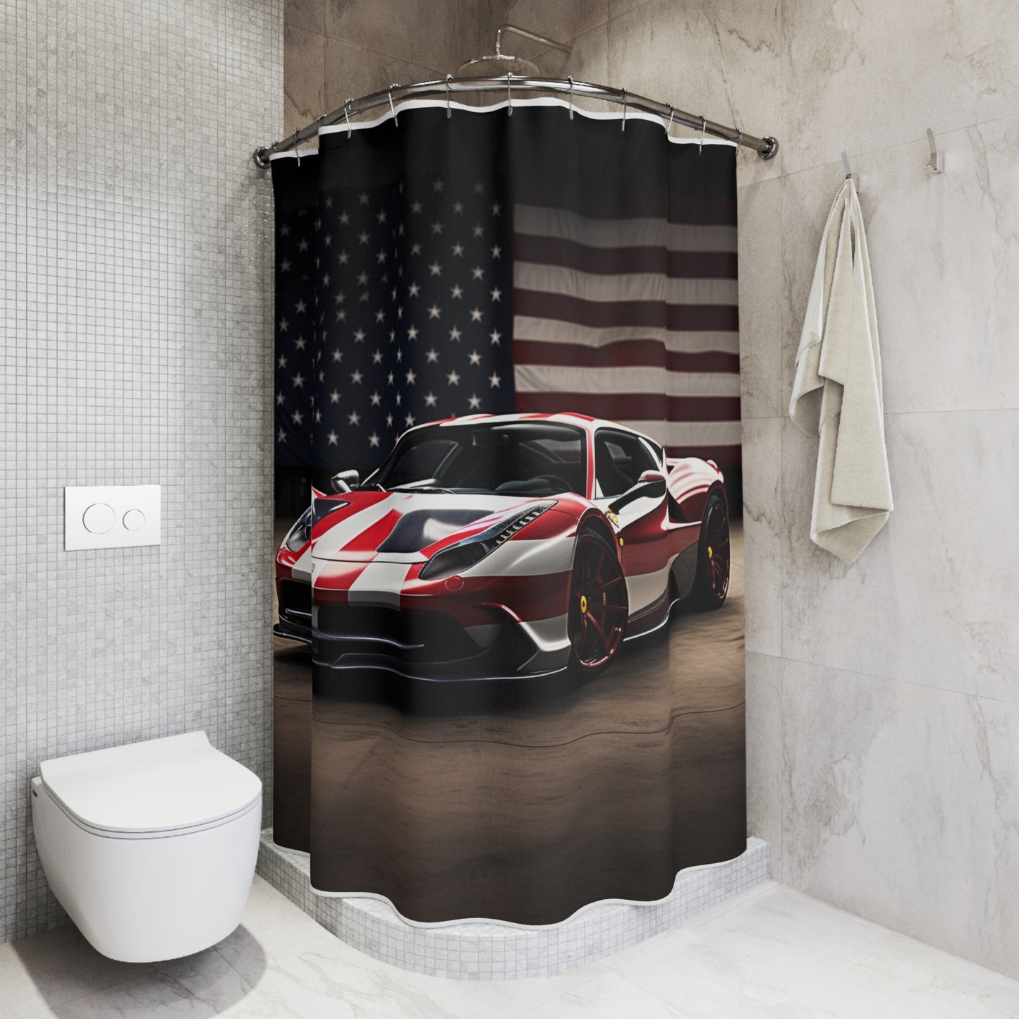 Polyester Shower Curtain American Flag Background Ferrari 2