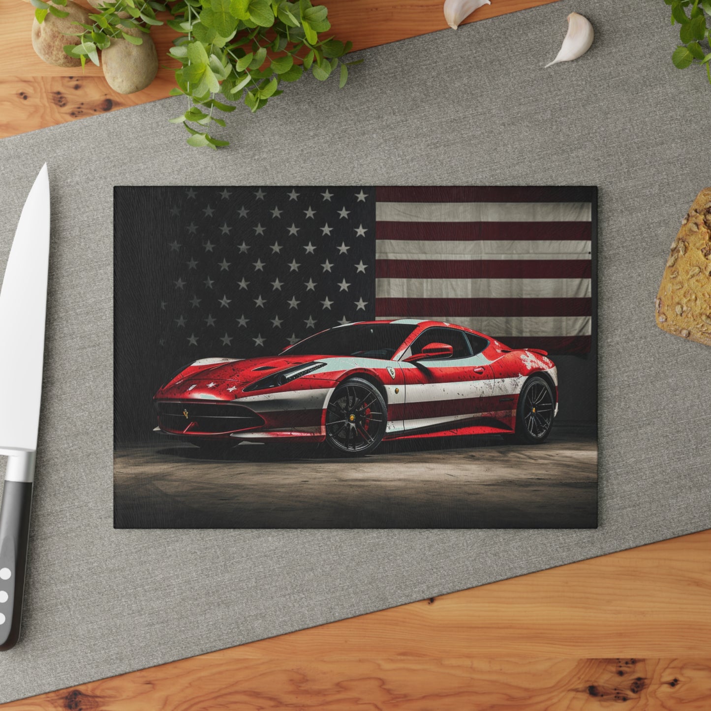 Glass Cutting Board American Flag Background Ferrari 1