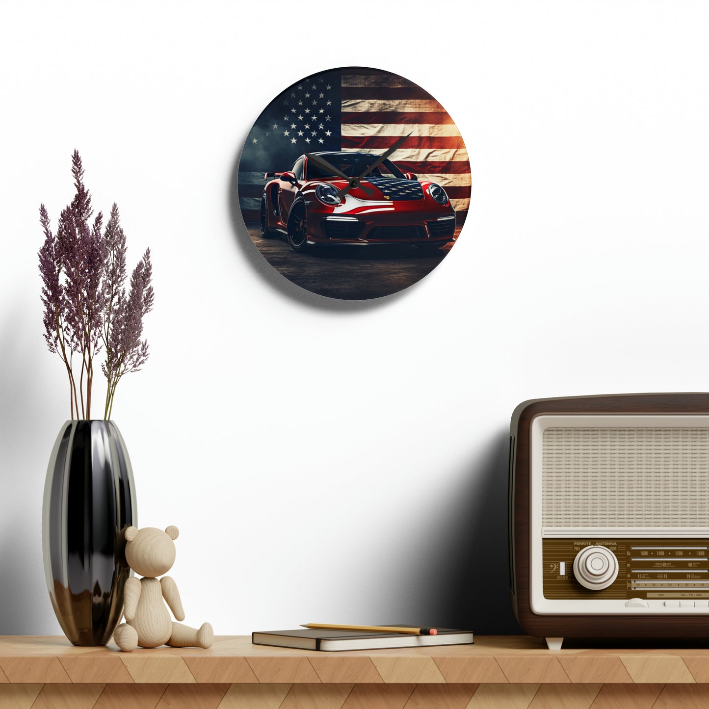 Acrylic Wall Clock American Flag Background Porsche 2