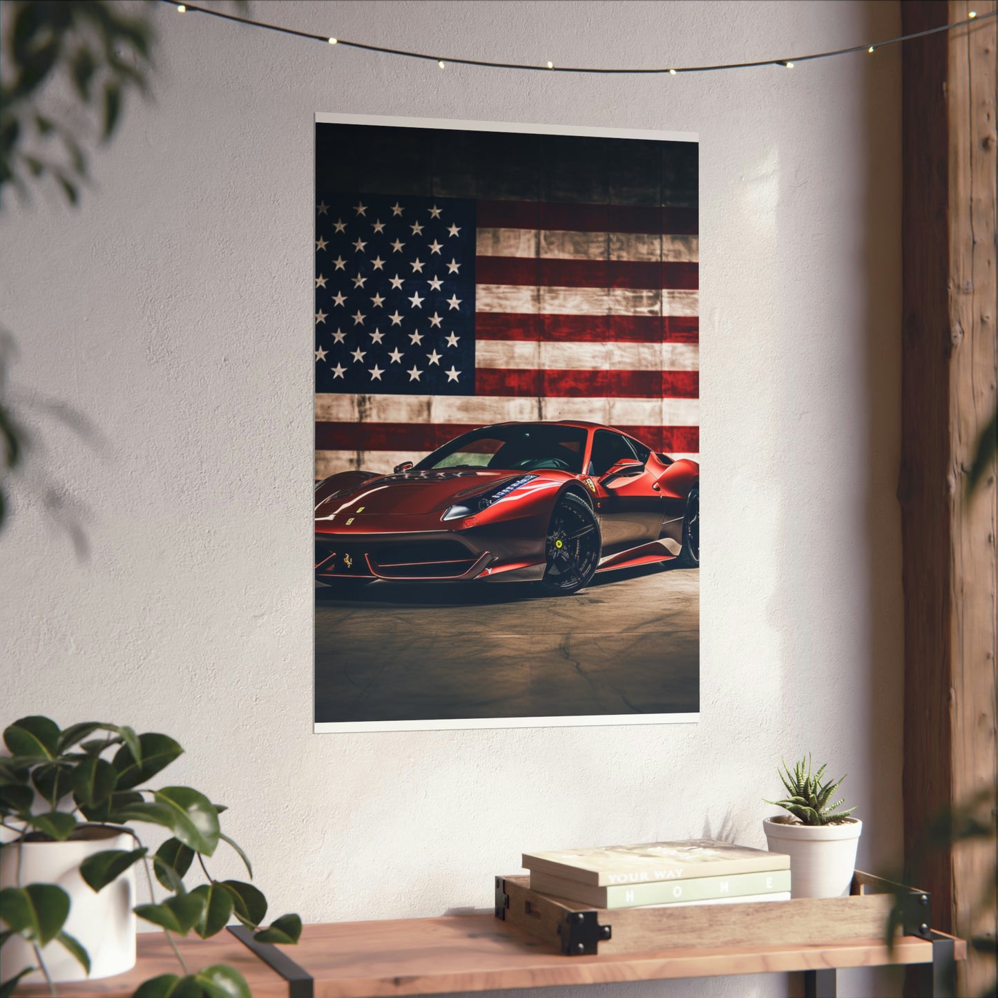 Premium Matte Vertical Posters American Flag Background Ferrari 4