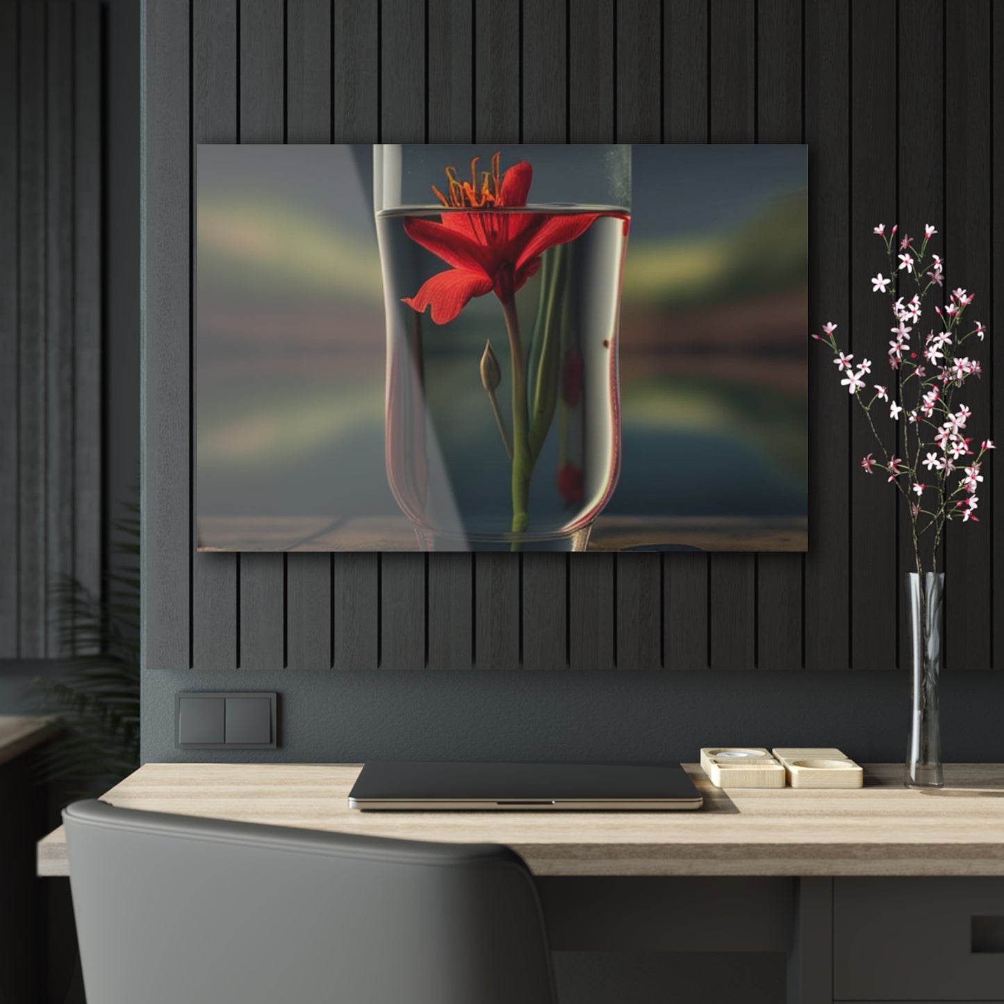 Acrylic Prints Red Lily in a Glass vase 1