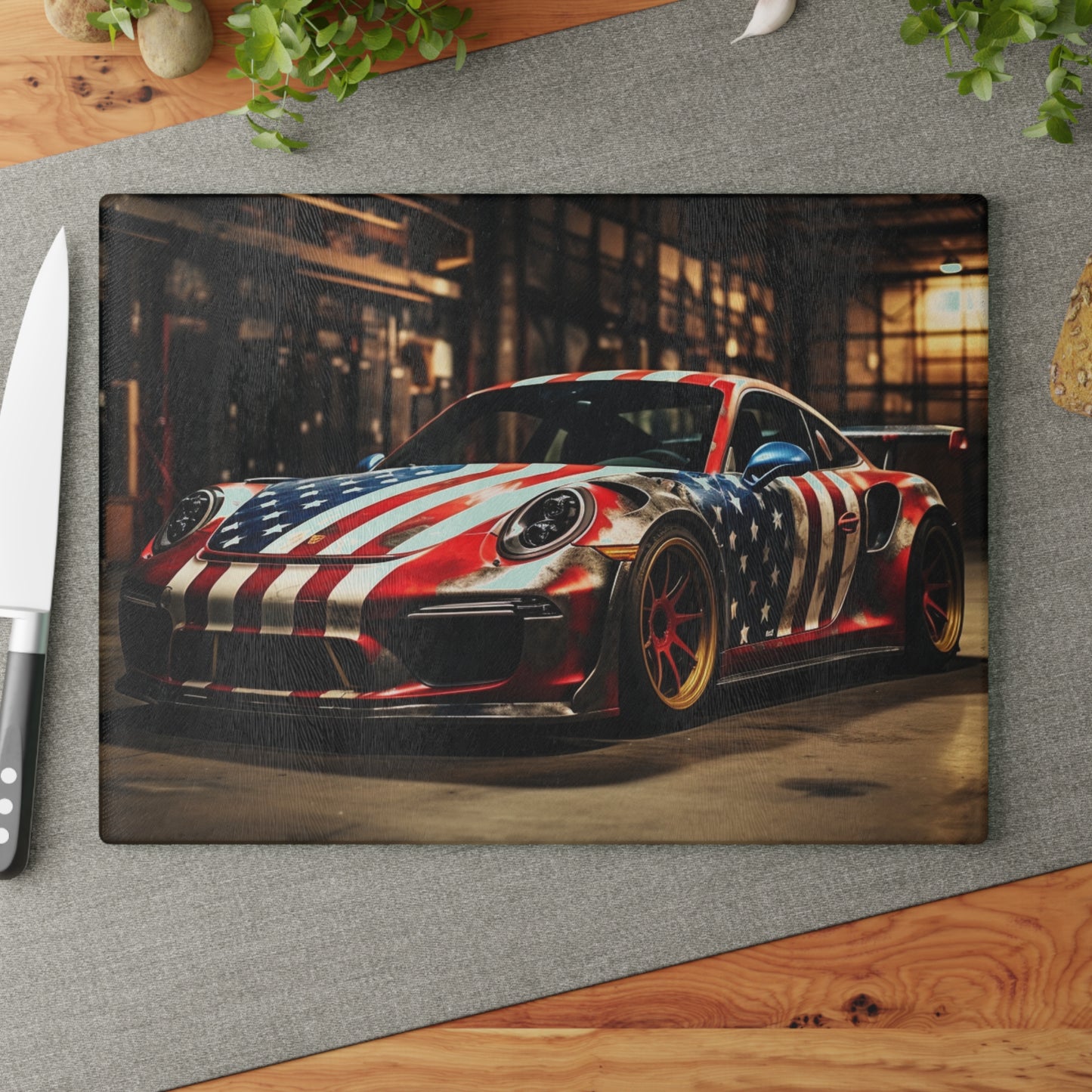 Glass Cutting Board American Flag Porsche 4