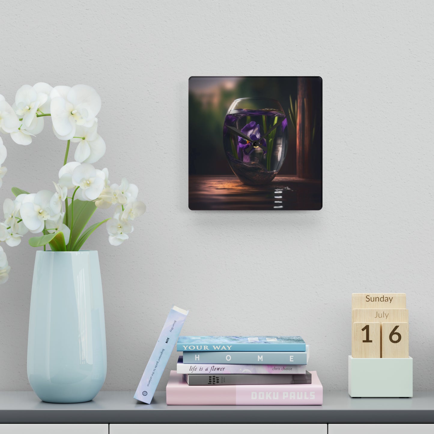 Acrylic Wall Clock Purple Iris in a vase 4