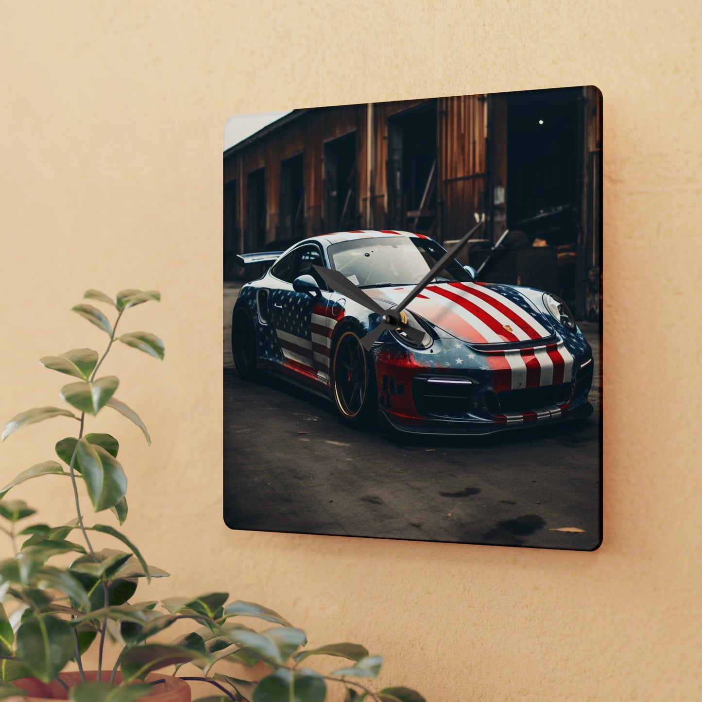 Acrylic Wall Clock American Flag Porsche 3