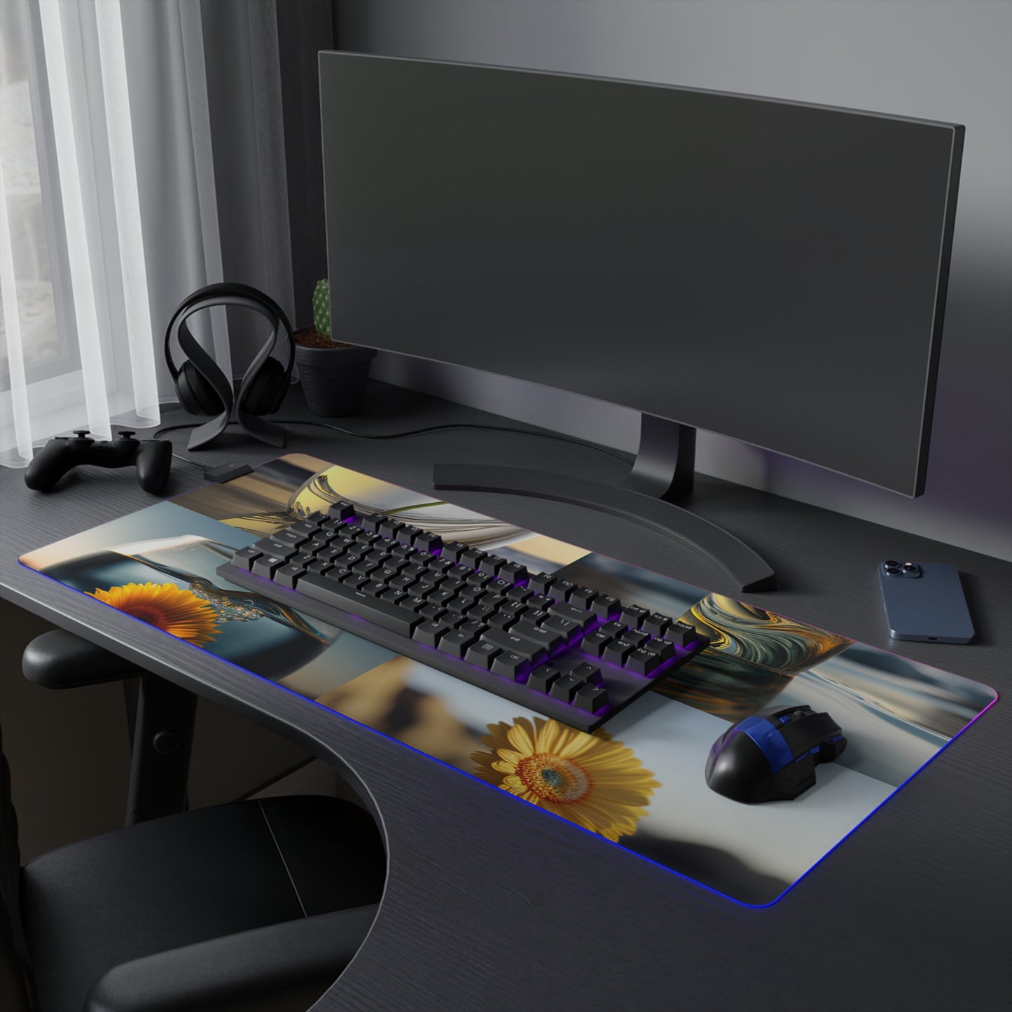 LED Gaming Mouse Pad yello Gerbera glass 5