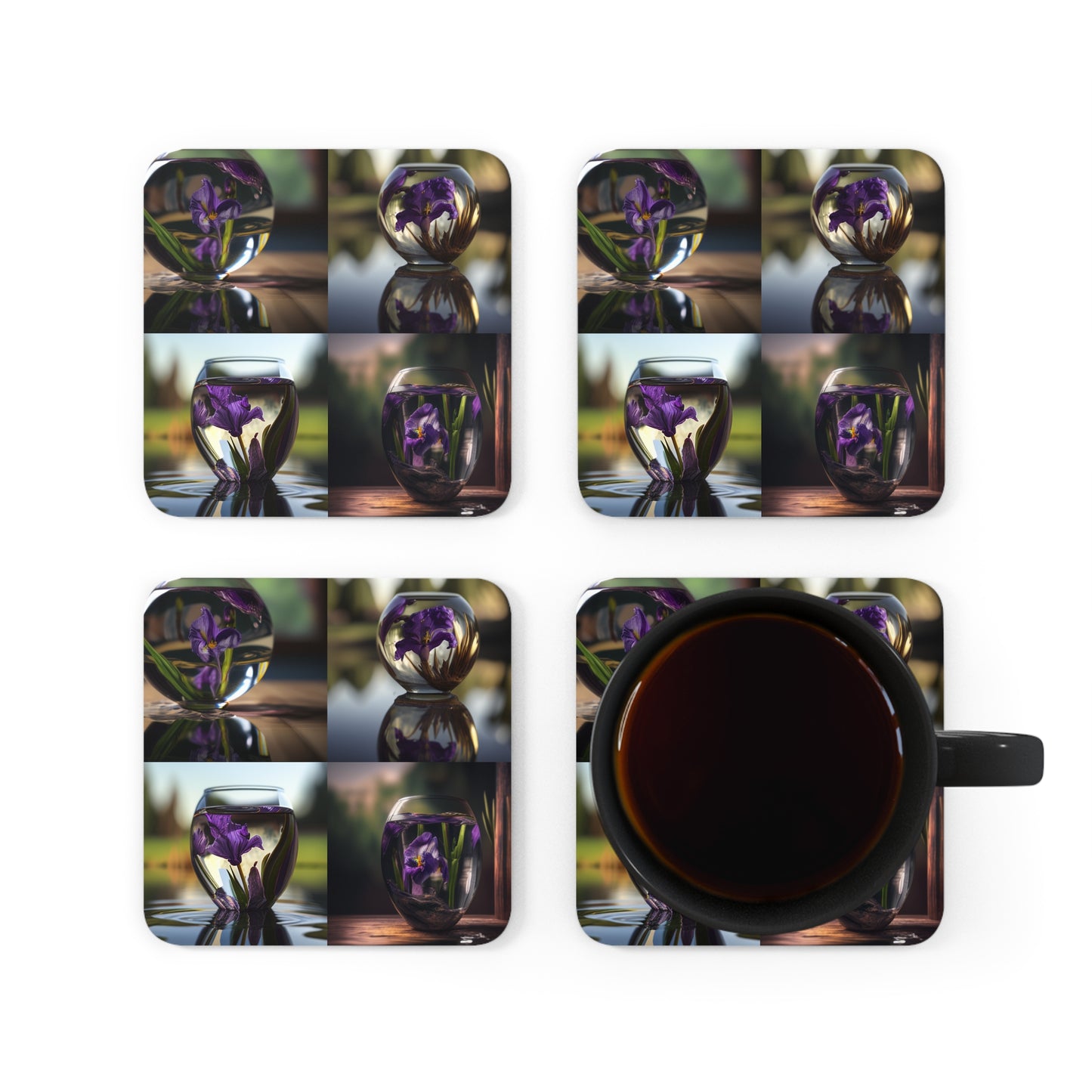 Corkwood Coaster Set Purple Iris in a vase 5