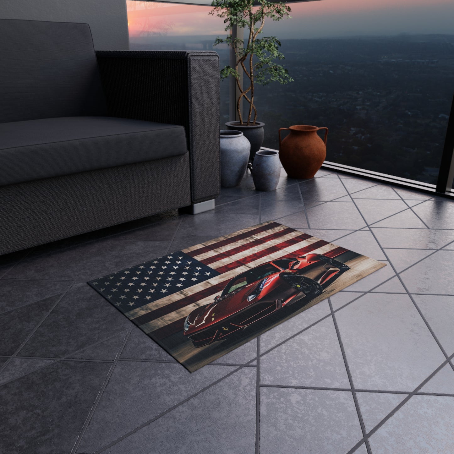 Outdoor Rug  American Flag Background Ferrari 4