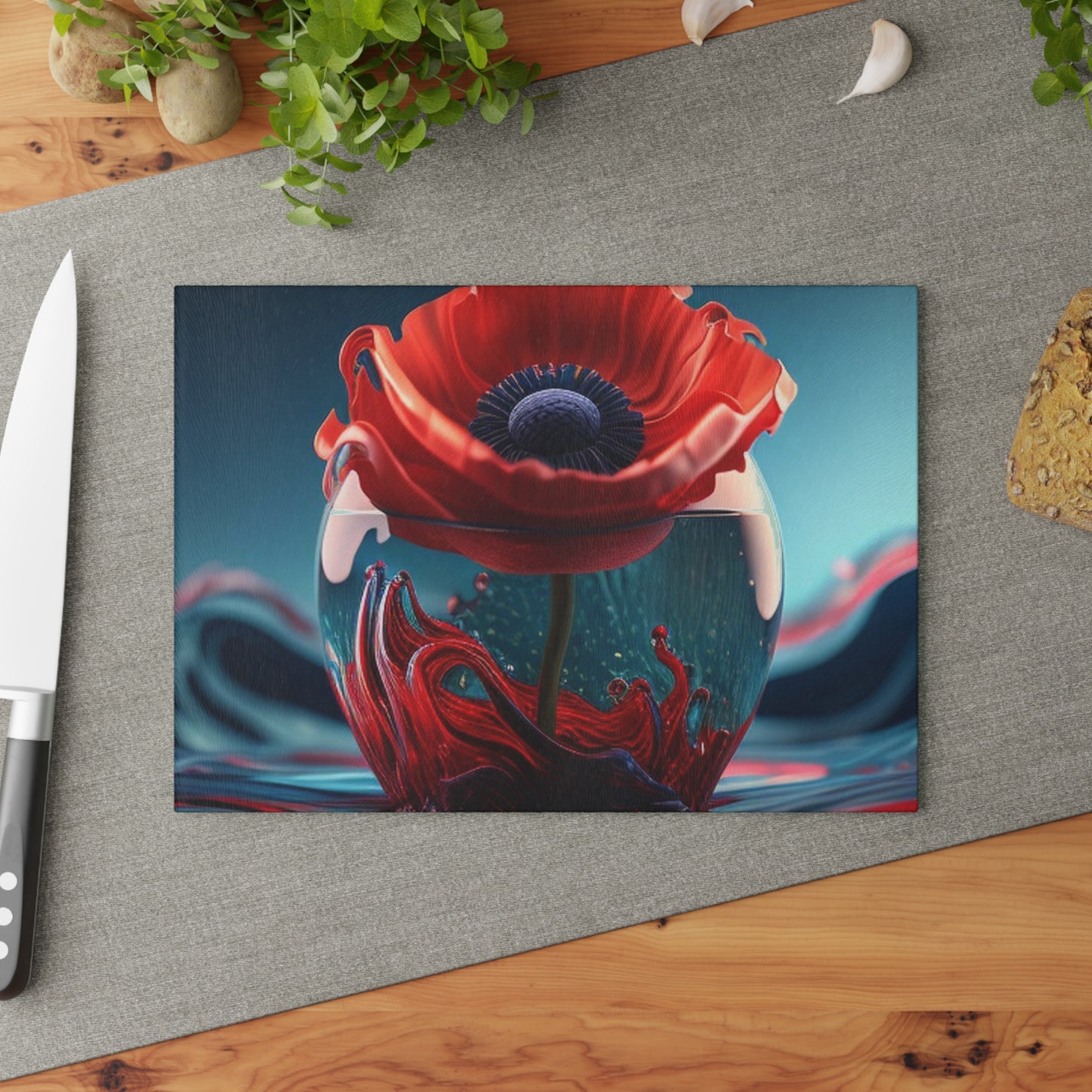 Glass Cutting Board Red Anemone in a Vase 2