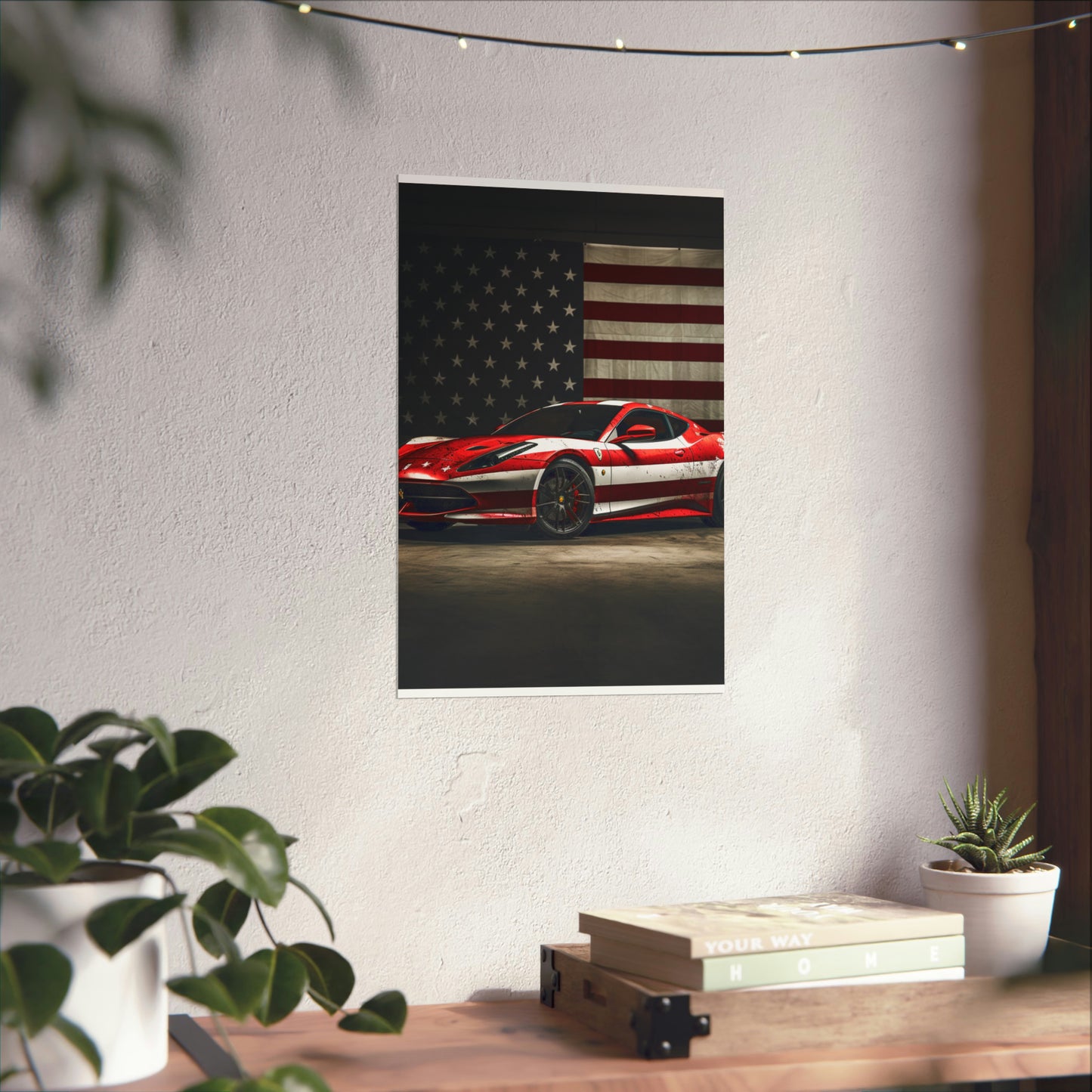 Premium Matte Vertical Posters American Flag Background Ferrari 1