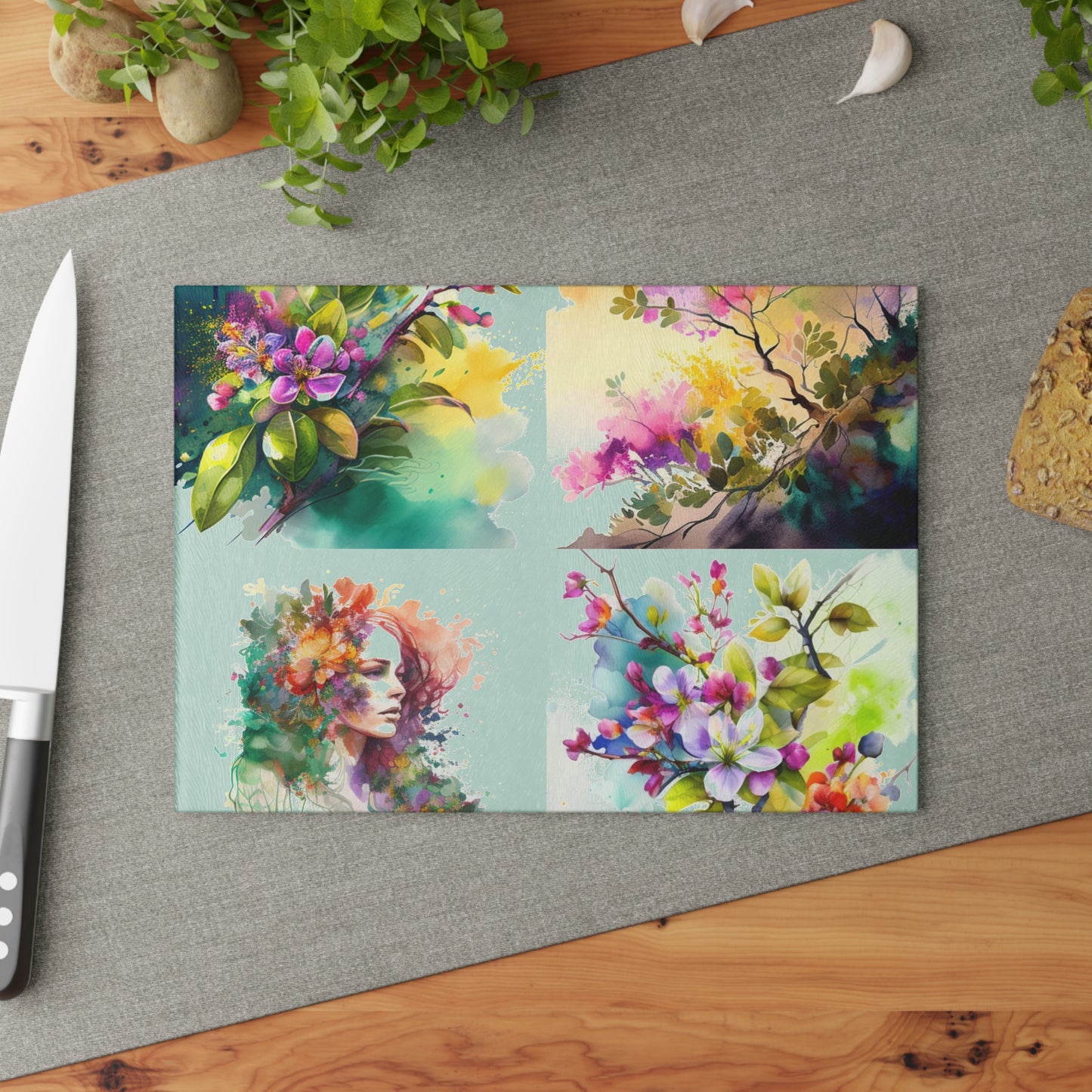 Glass Cutting Board Mother Nature Bright Spring Colors Realistic Watercolor 5
