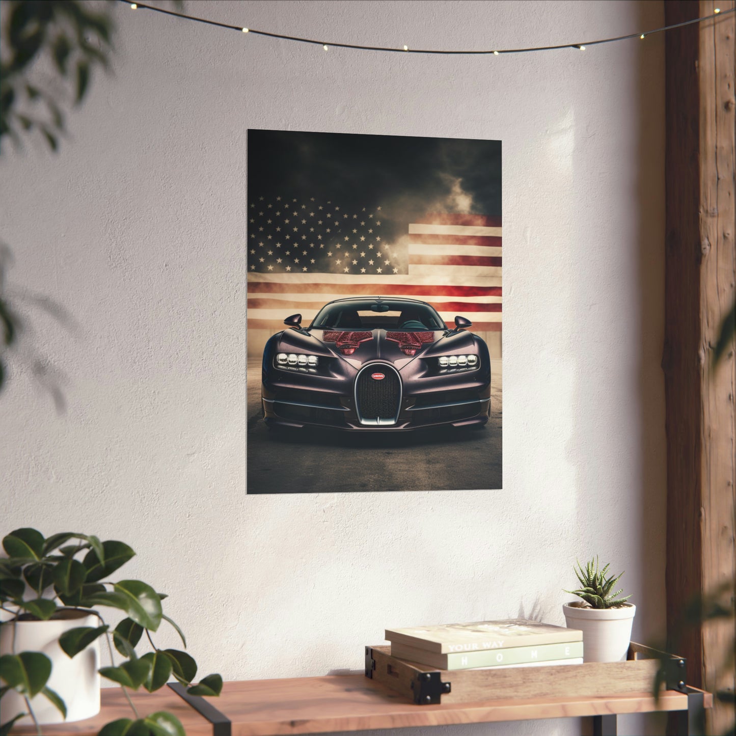 Premium Matte Vertical Posters American Flag Background Bugatti 2