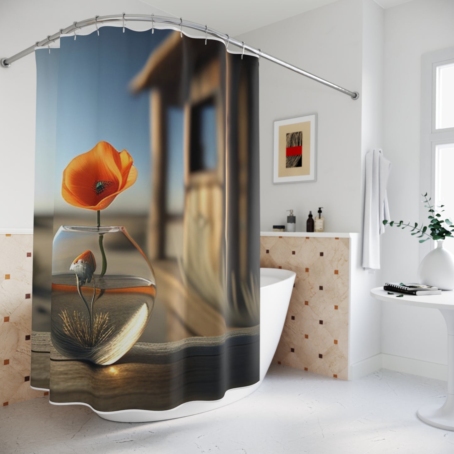 Polyester Shower Curtain Orange Poppy in a Vase 1