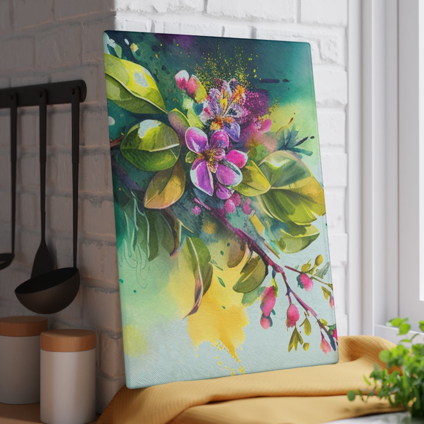 Glass Cutting Board Mother Nature Bright Spring Colors Realistic Watercolor 1