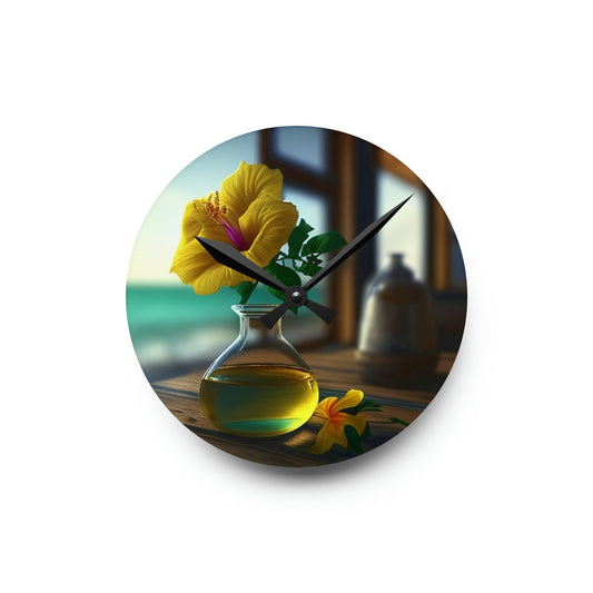 Acrylic Wall Clock Yellow Hibiscus Wood 1