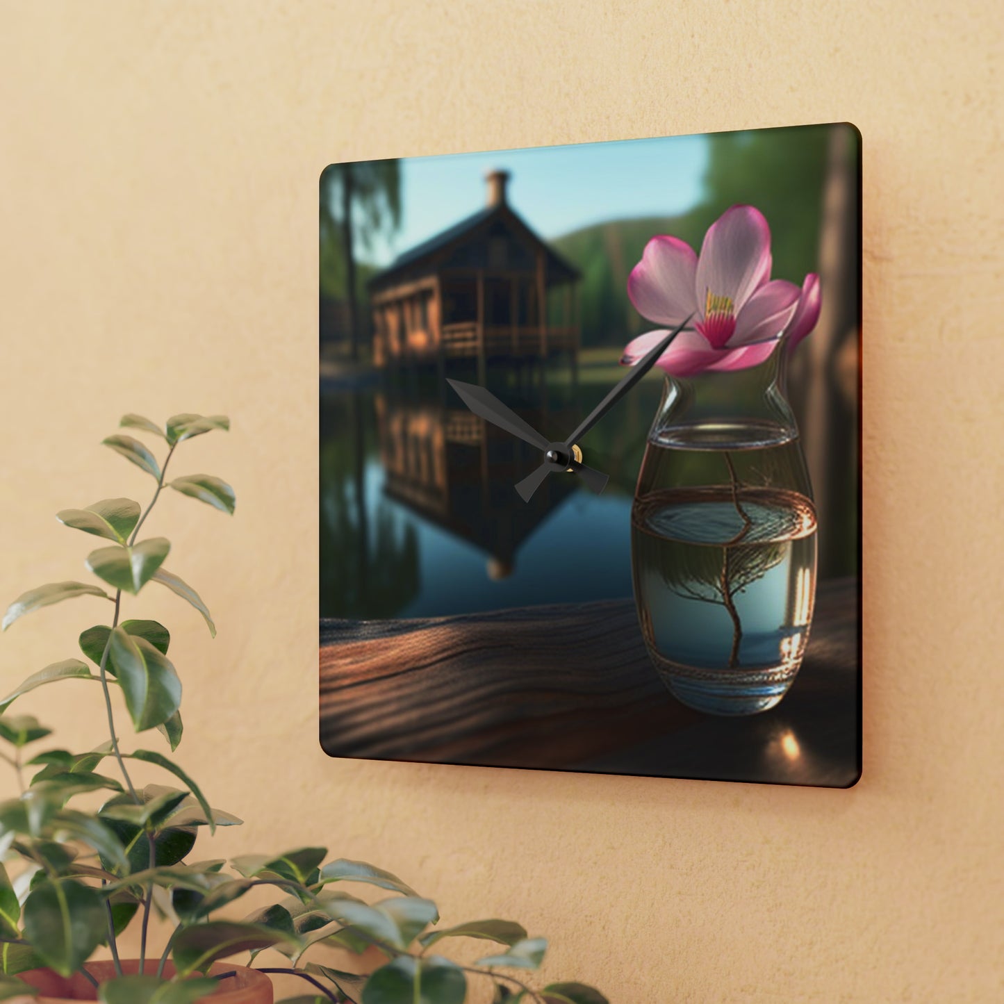 Acrylic Wall Clock Magnolia in a Glass vase 1