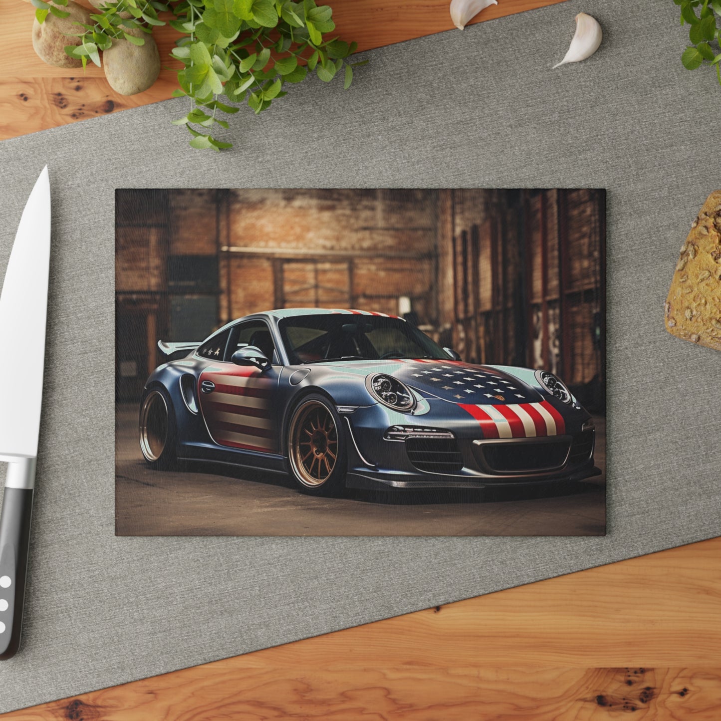 Glass Cutting Board American Flag Porsche 1