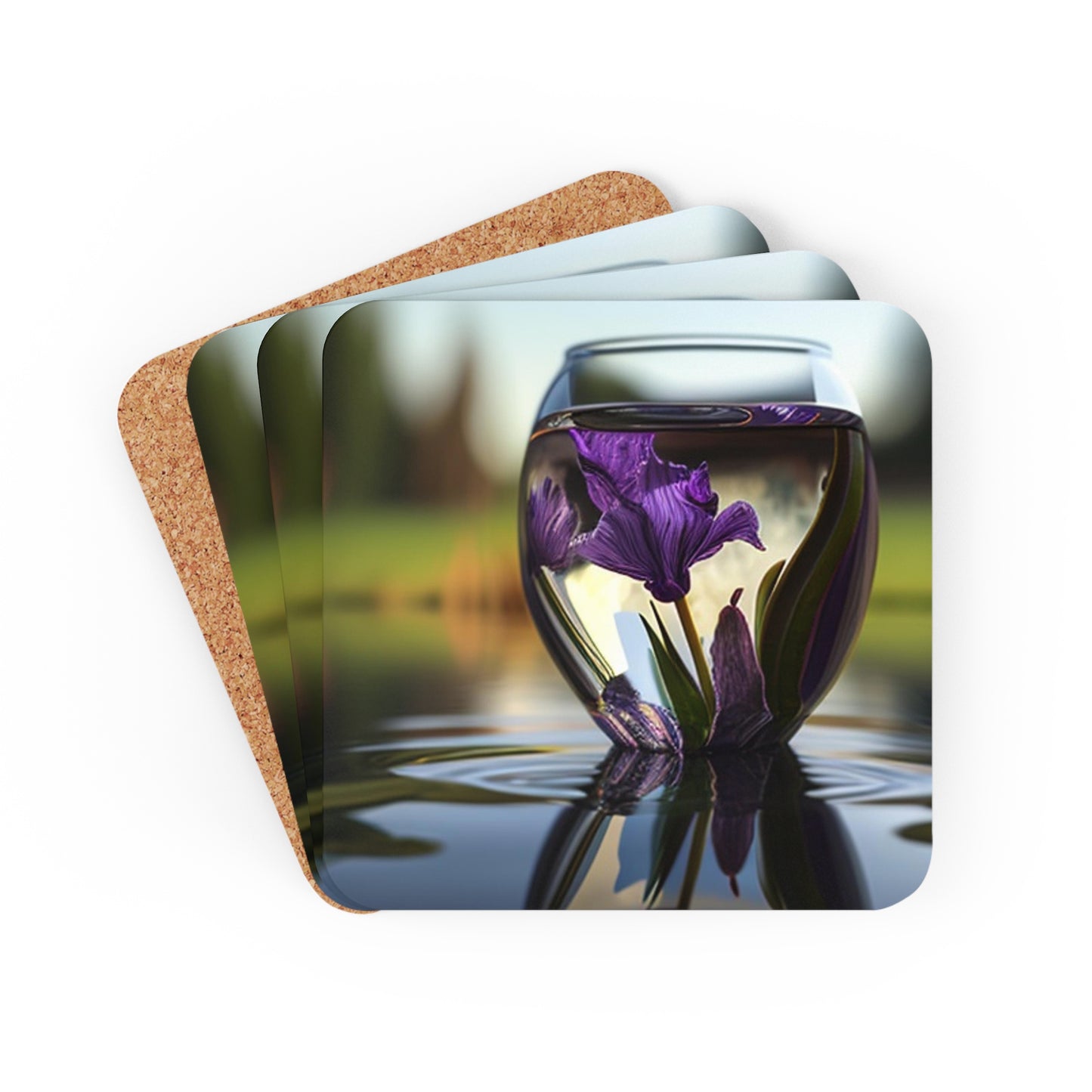 Corkwood Coaster Set Purple Iris in a vase 3