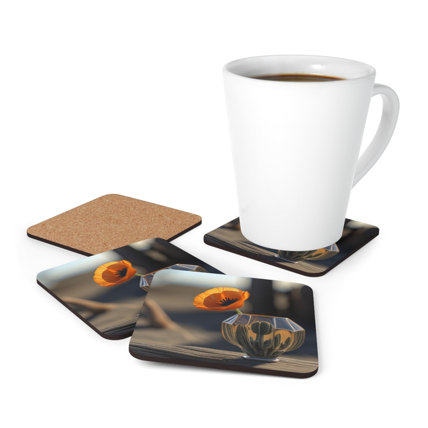 Corkwood Coaster Set Orange Poppy in a Vase 2