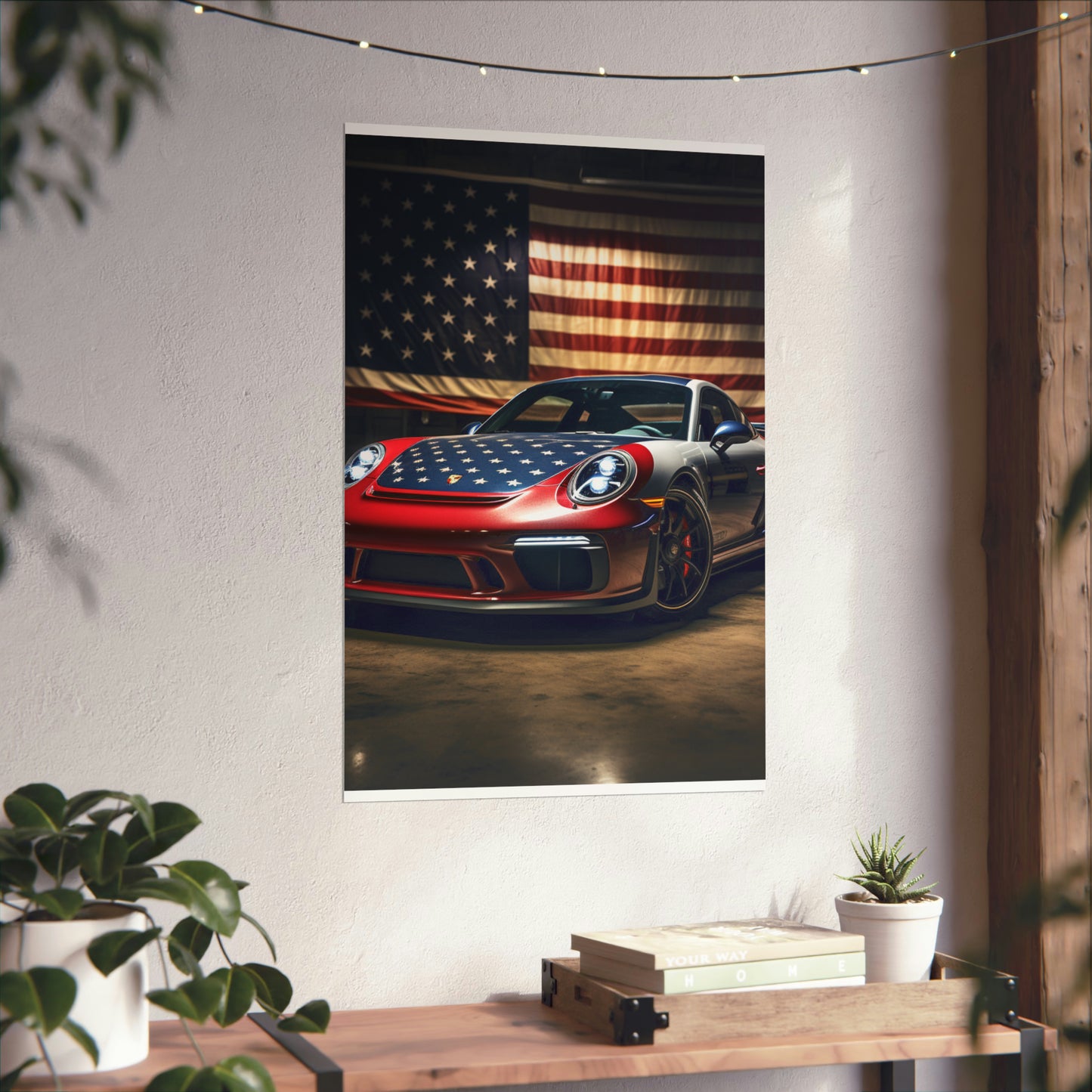 Premium Matte Vertical Posters American Flag Background Porsche 1