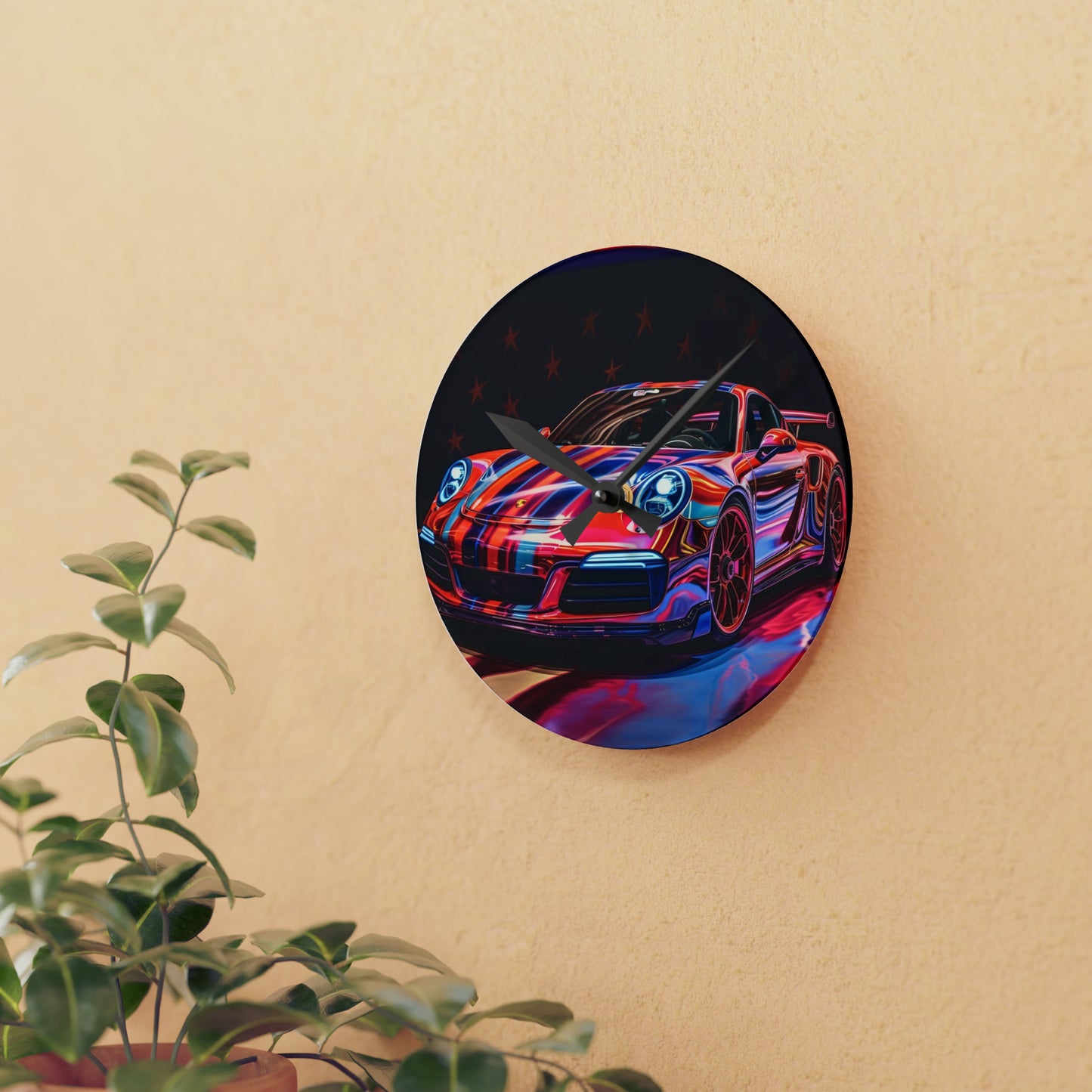 Acrylic Wall Clock American Flag Colored Porsche 3